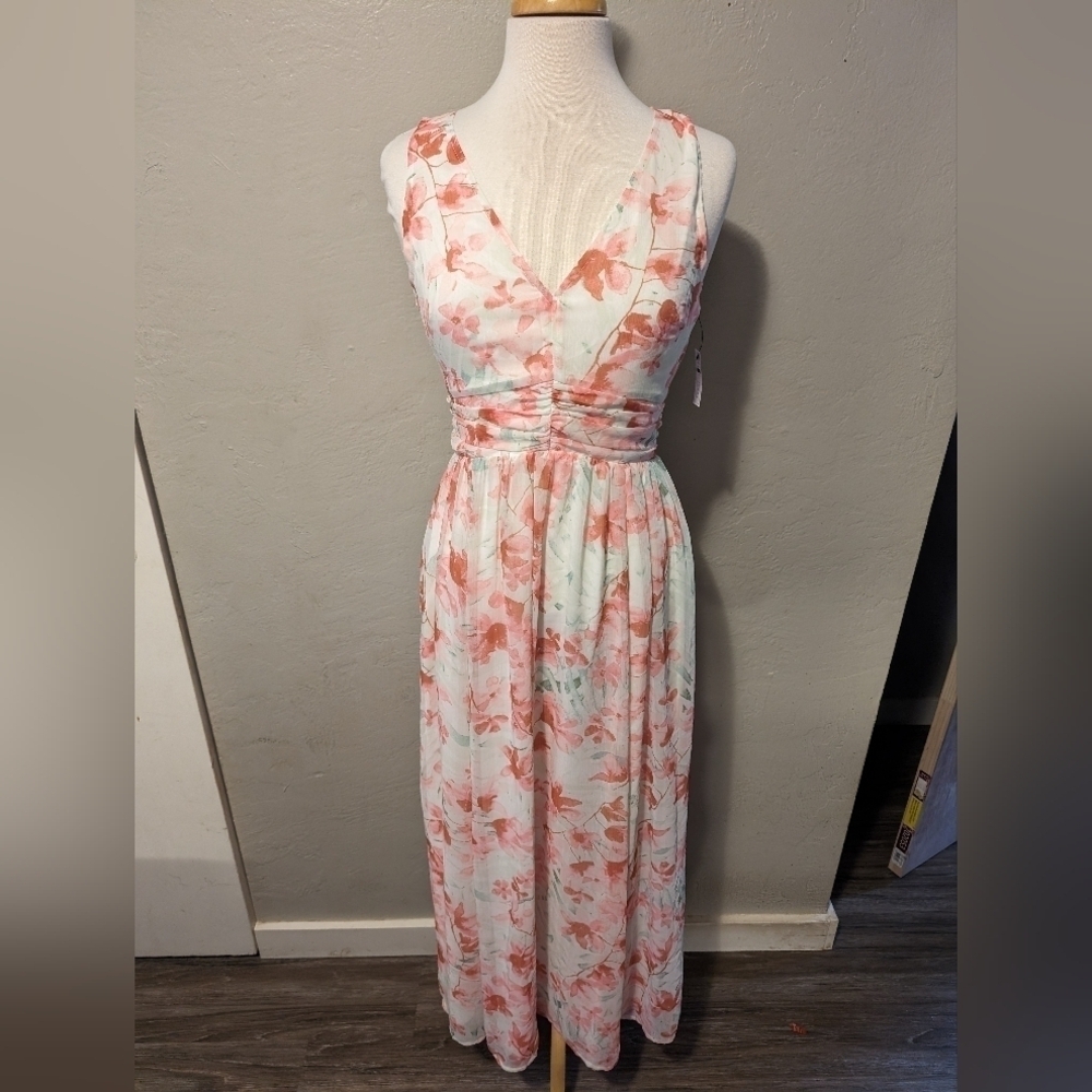 Ruched Waist Chiffon Floral Maxi dress